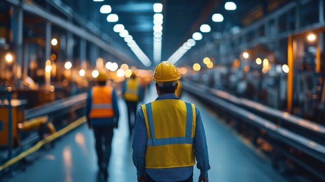 A worker in a safety vest and helmet walks through an industrial facility, illuminated by bright lights, highlighting an active manufacturing environment.